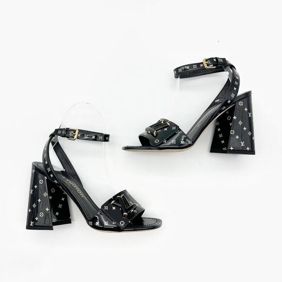 LOUIS VUITTON Shake Black LV Turnlock Block Heel Sandal Size 37.5 Printed Patent - Picture 6 of 12